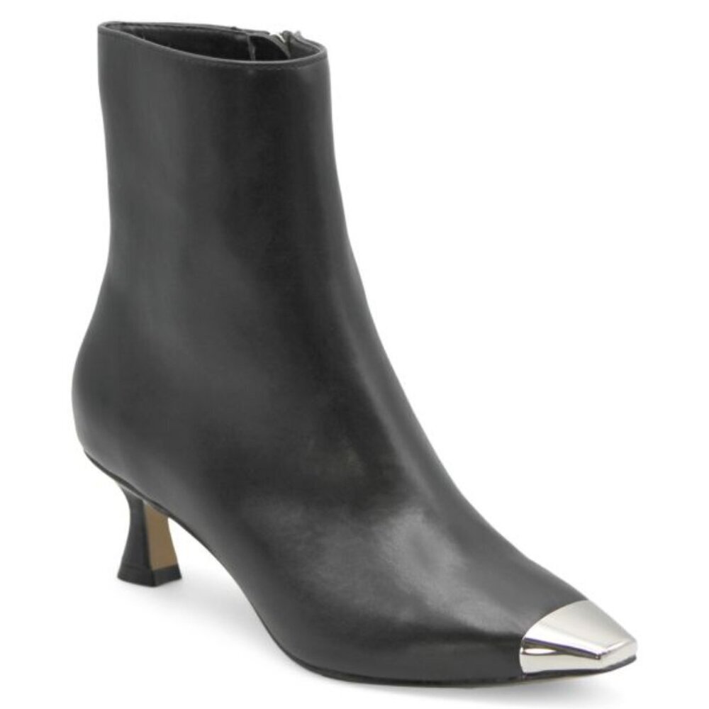 Adrienne Vittadini Black Faux Leather Silver Cap Top Kitten Heel Ankle Booties 9